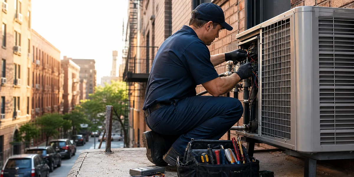 Air conditioning technician repairing an AC unit in Fordham the Bronx