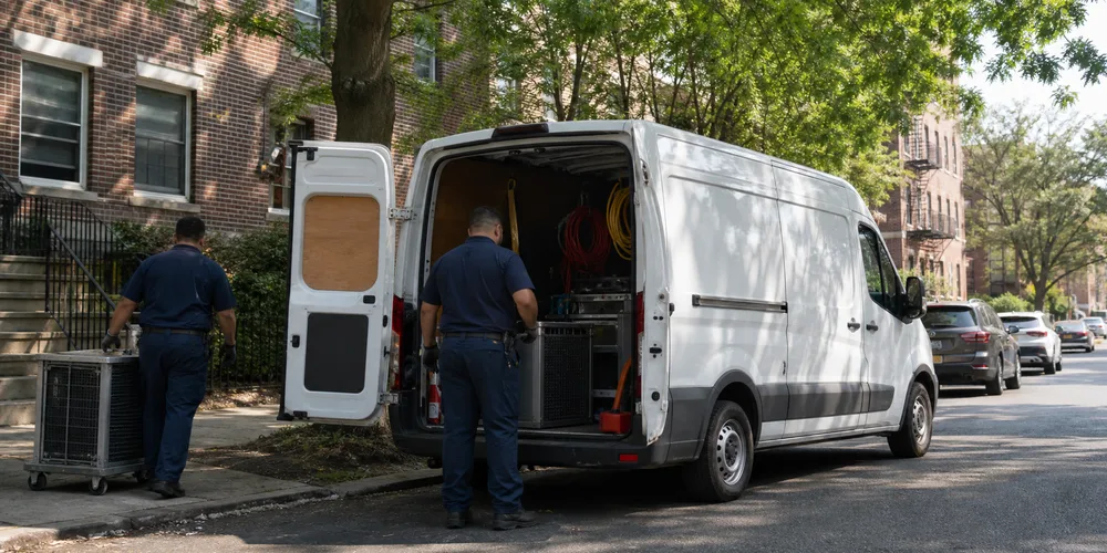 Air conditioning technicians and service van serving Fordham the Bronx