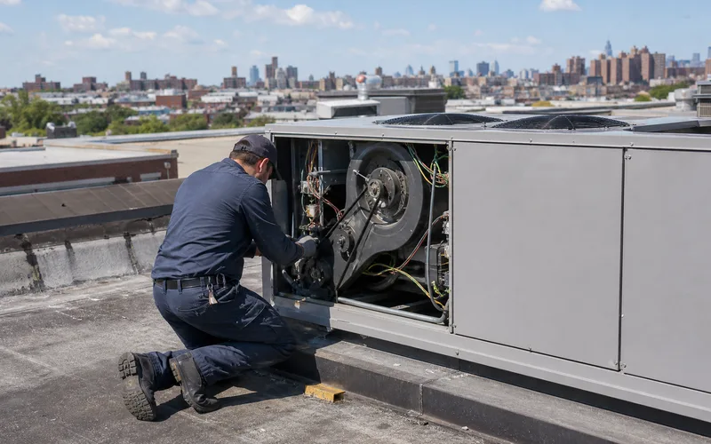 Commercial AC repair at a storefront business on Fordham Road in the Bronx