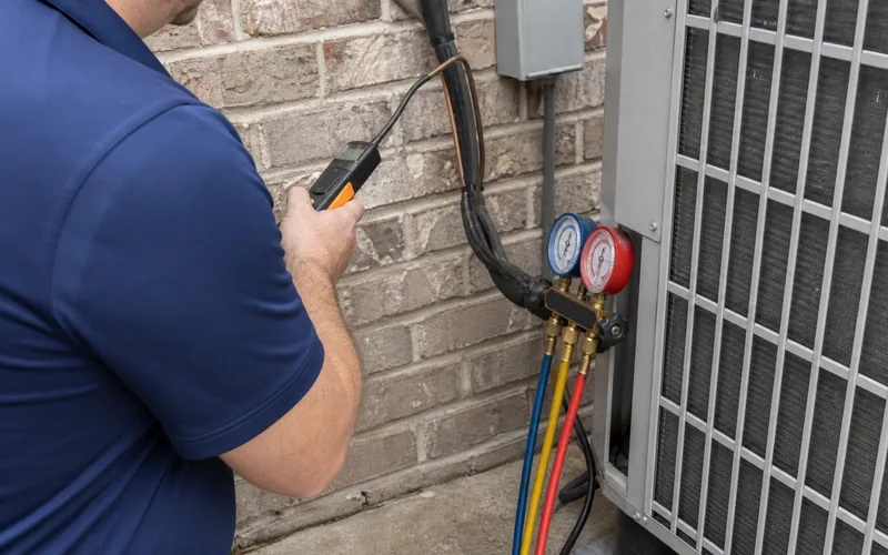HVAC technician checking refrigerant pressure during AC repair in Fordham